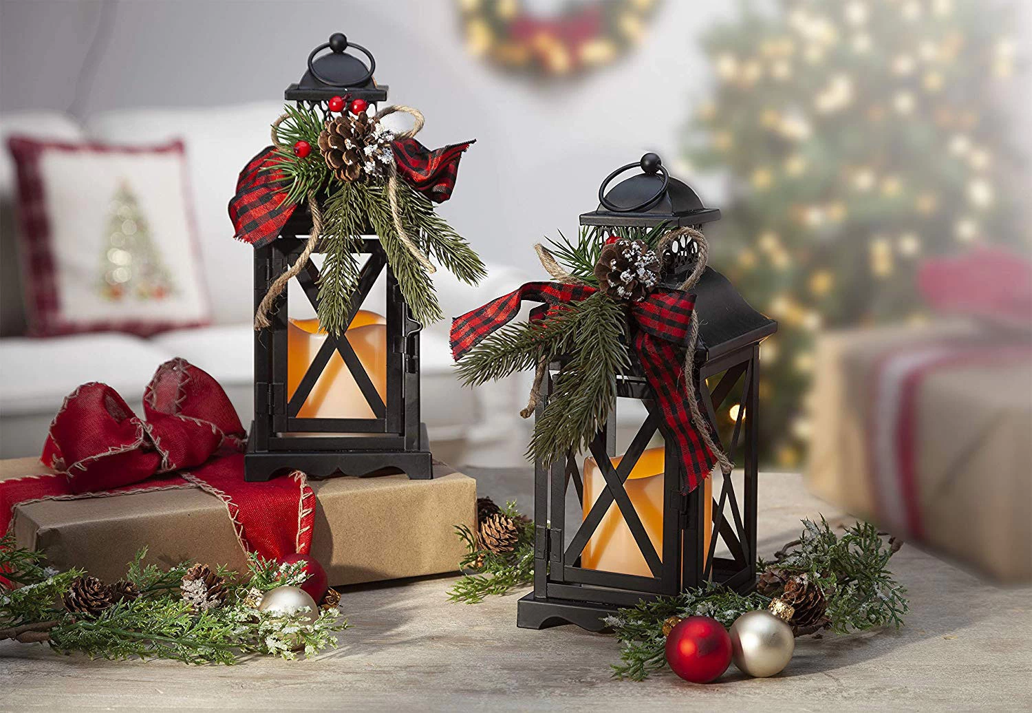 Set Of 2 Battery Operated Lighted Christmas Metal Holiday Lanterns With Floral Accents And Timer 3 Set Of 2 Battery Operated Lighted Christmas Metal Holiday Lanterns With Floral Accents And Timer