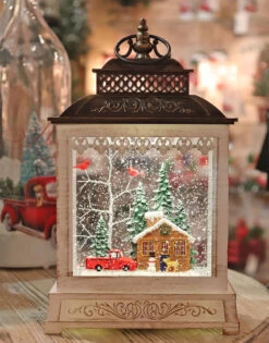 11 Inch Cabin In The Woods Lighted Water Lantern - Optional Music Setting
