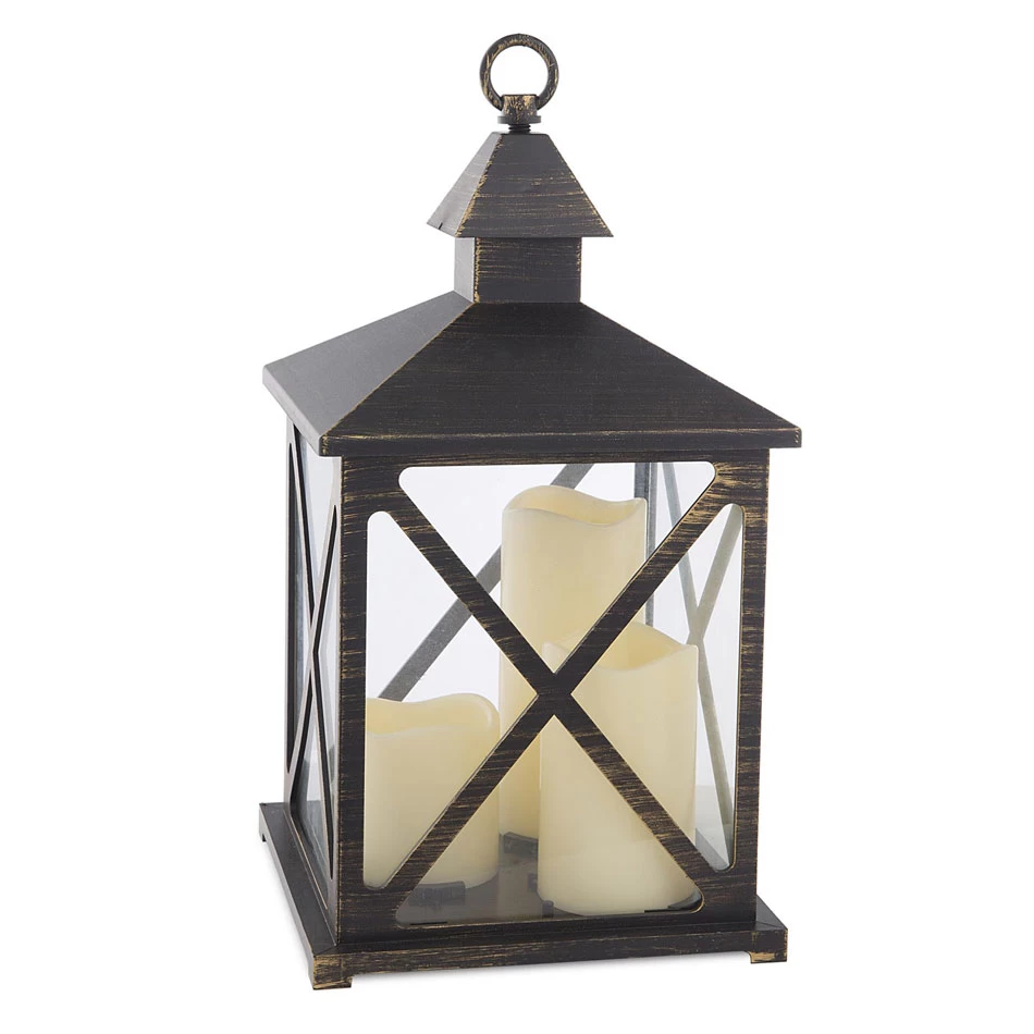 Black 3 LED Candle Lantern With Gold Brushing: 12.5 Inch With Timer 3 Black 3 LED Candle Lantern With Gold Brushing: 12.5 Inch With Timer