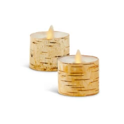Set Of 2 Ivory Birch Wrapped Unscented Luminara Moving Flame Tealights
