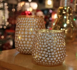 Alternative view of Gold And White Honeycomb Glass Votive With Lights - Battery Operated 5.5 Inch