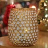 Gold And White Honeycomb Glass Votive With Lights - Battery Operated 5.5 Inch 2 Gold And White Honeycomb Glass Votive With Lights - Battery Operated 5.5 Inch -Home Candle Shop large gold and white votive holder