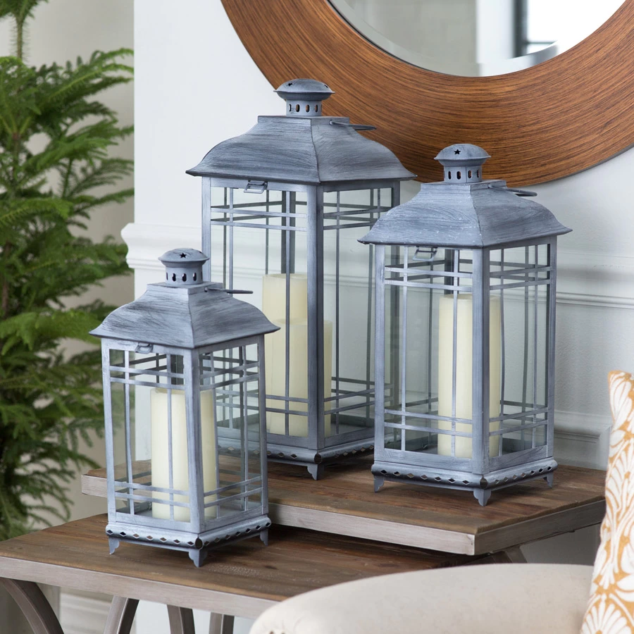 Set Of 3 Mission Style Antique Grey Candle Lanterns - 14-17-20 Inch 3 Set Of 3 Mission Style Antique Grey Candle Lanterns - 14-17-20 Inch