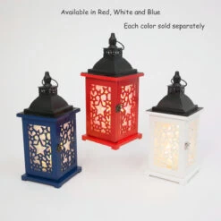 Alternative view of White Battery Operated Lighted Wood & Metal Americana Hologram Lantern - 13 Inch