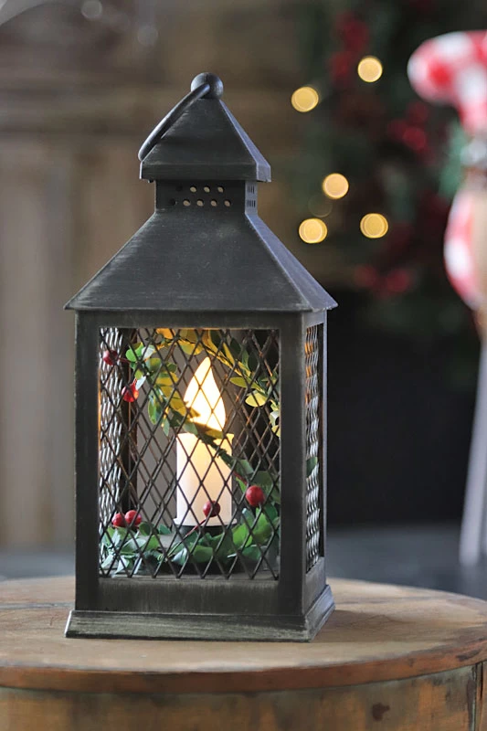Holiday Brushed Black Candle Lantern With Berries And Holly - 9.25 Inch - 8 Hr Timer 3 Holiday Brushed Black Candle Lantern With Berries And Holly - 9.25 Inch - 8 Hr Timer
