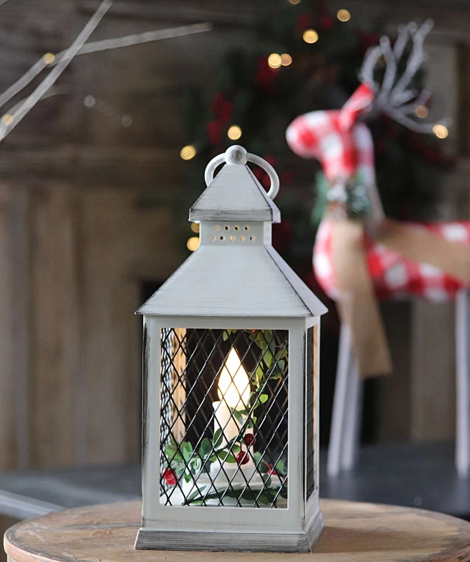 Holiday Brushed White Candle Lantern With Berries And Holly - 9.25 Inch - 8 Hr Timer 3 Holiday Brushed White Candle Lantern With Berries And Holly - 9.25 Inch - 8 Hr Timer