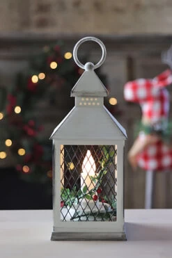 Alternative view of Holiday Brushed White Candle Lantern With Berries And Holly - 9.25 Inch - 8 Hr Timer